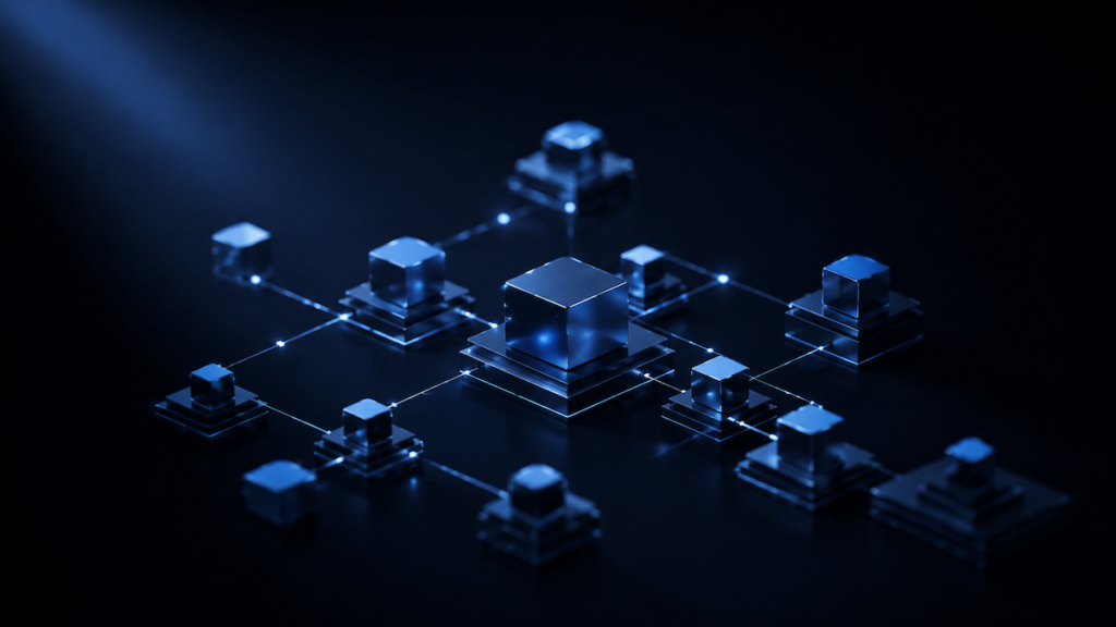 Abstract concept of interconnected geometric shapes flowing together in dark space, metallic blue nodes connected by glowing lines, organizational structure visualized as floating architecture, dark moody professional, deep navy background, soft blue accent lighting, no text, 16:9 ratio